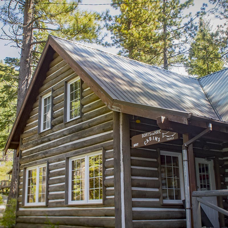 Sardine Lake Resort — main log lodge with Boats for Hire sign, Gold Lake CA