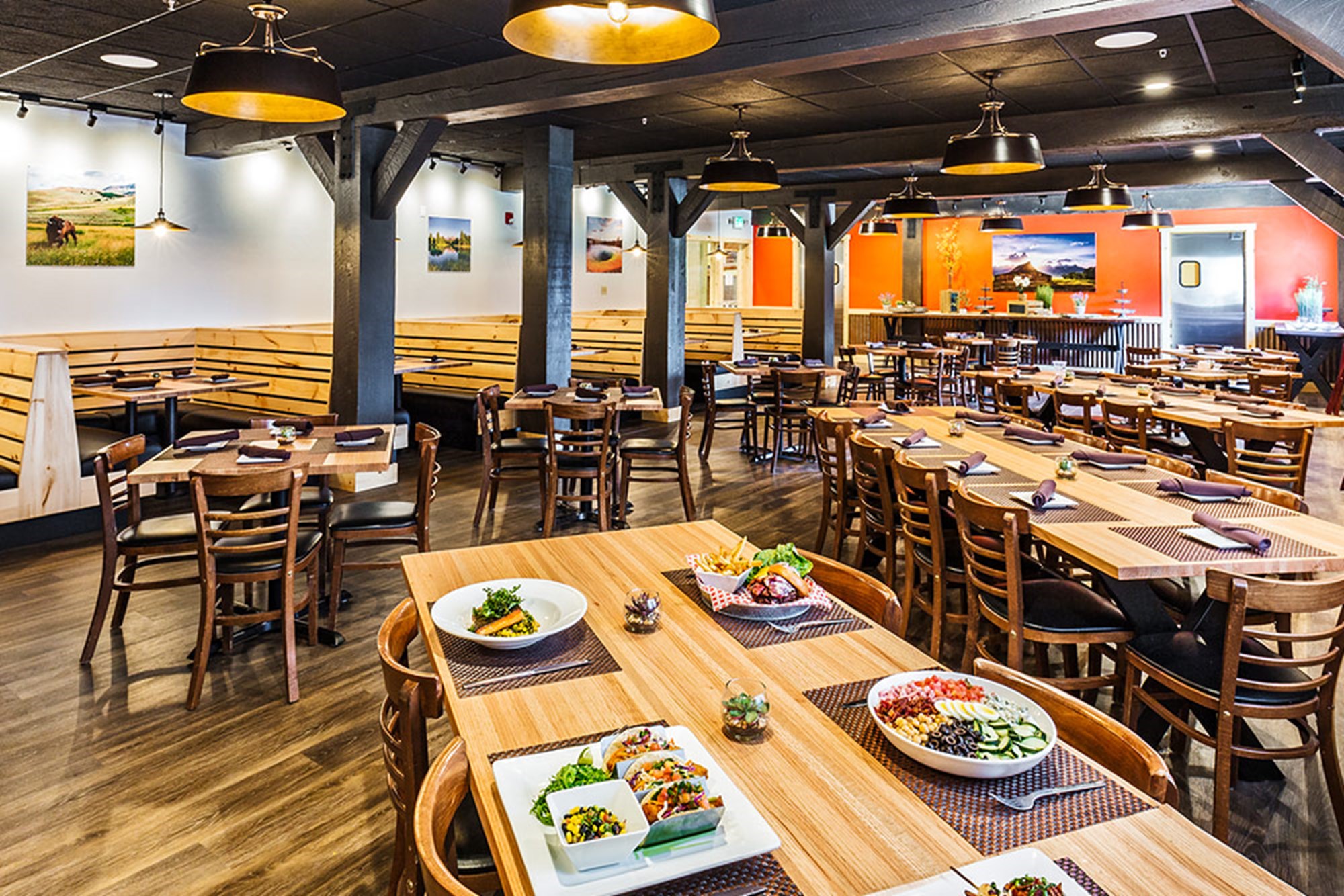 Grizzly Grill — interior dining room with exposed beams and mountain rustic decor, Graeagle CA