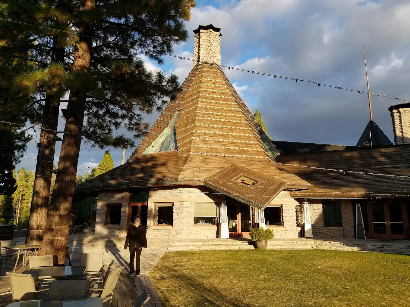 The Inn at Nakoma — Frank Lloyd Wright designed lodge exterior at golden hour, Clio CA